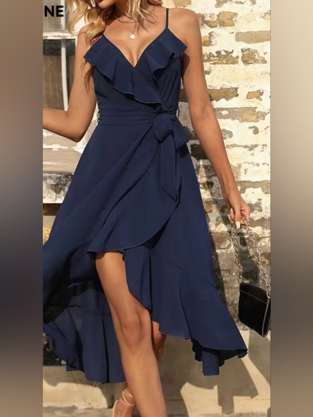 Shein Navy Solid V-Neck Hi-Low Wrap Midi Dress Adjustable Straps L